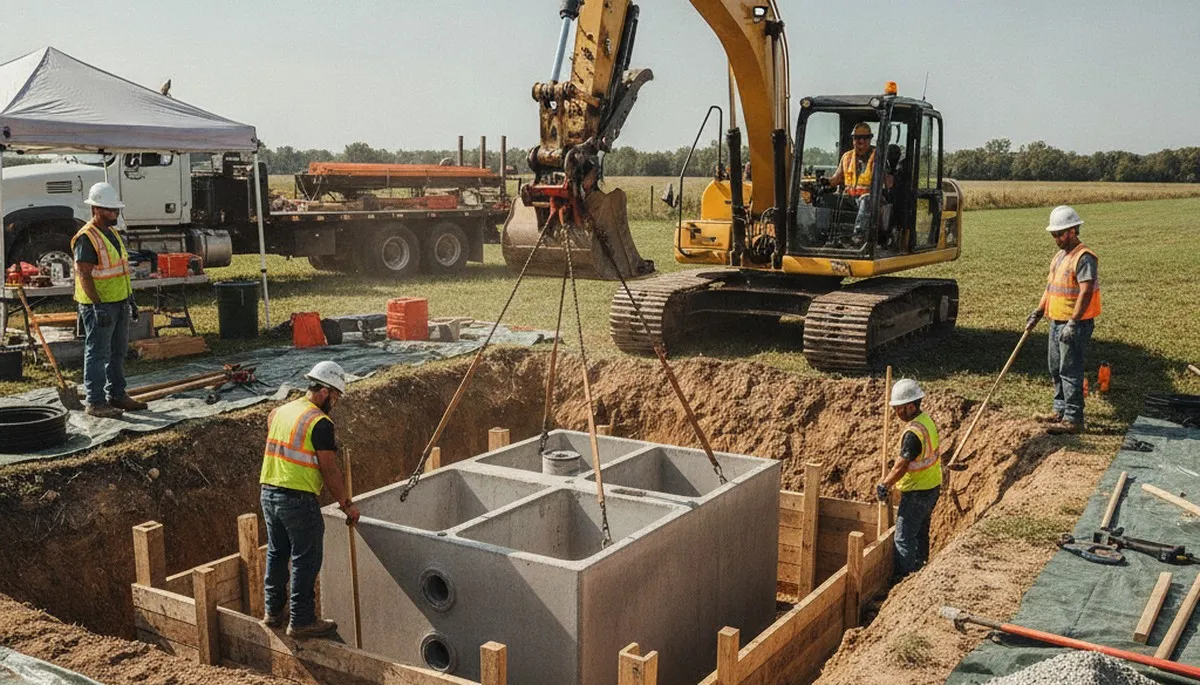 Buffalo, NY plumbers installing a septic tank at a home for On Call Plumbers