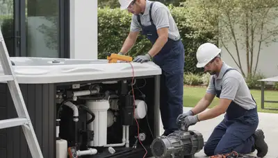 Spa repair technician servicing a home spa in Buffalo, NY for jets, heater, and plumbing issues